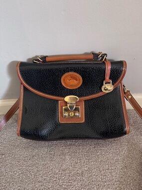 Vintage Dooney & Bourke Black Leather Satchel with Brown Trim and Gold Hardware
